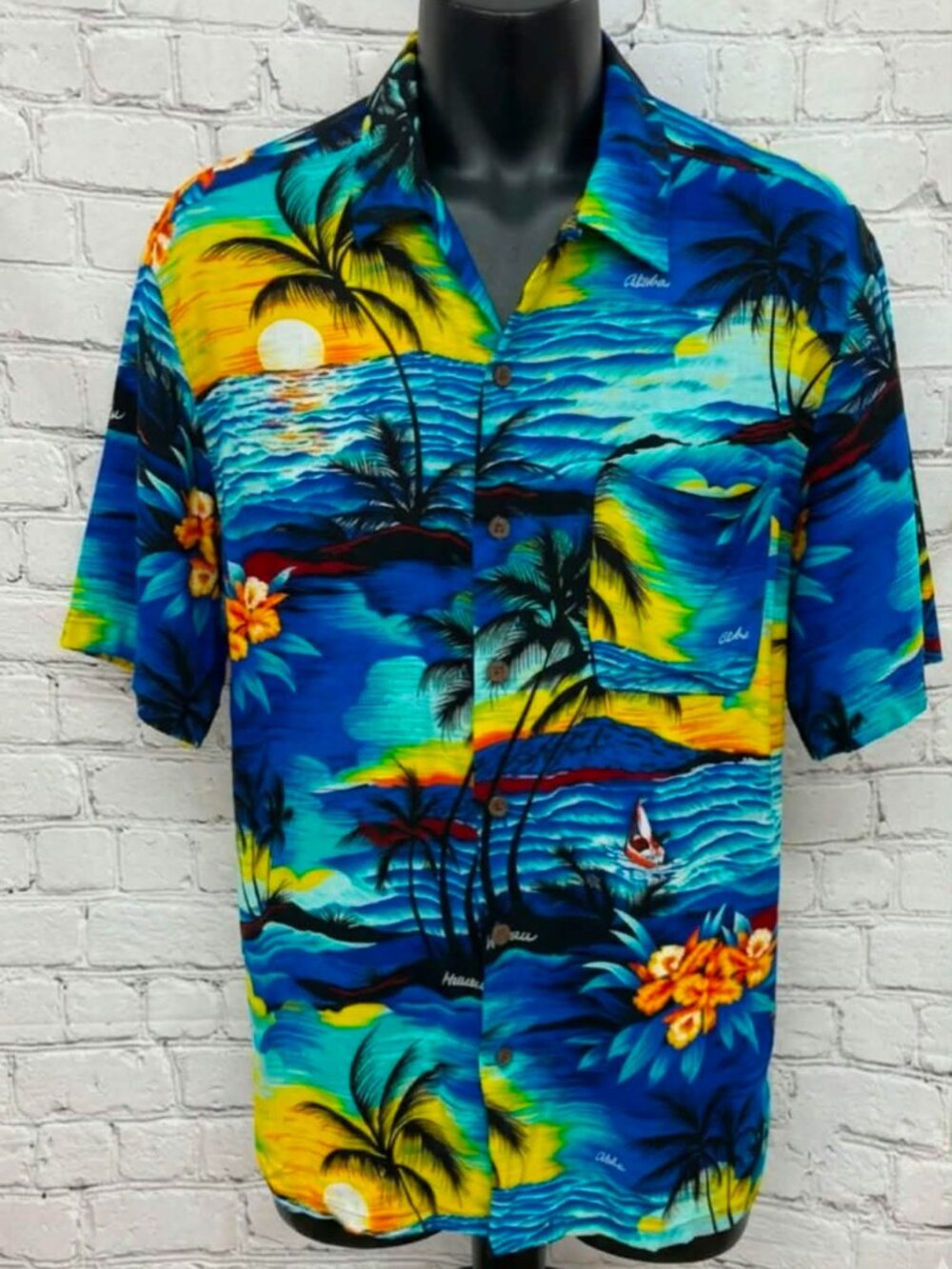 Vintage Aloha Joe Men’s Hawaiian Shirt Medium Scenic Sunset Palm Tree Blue Y2K